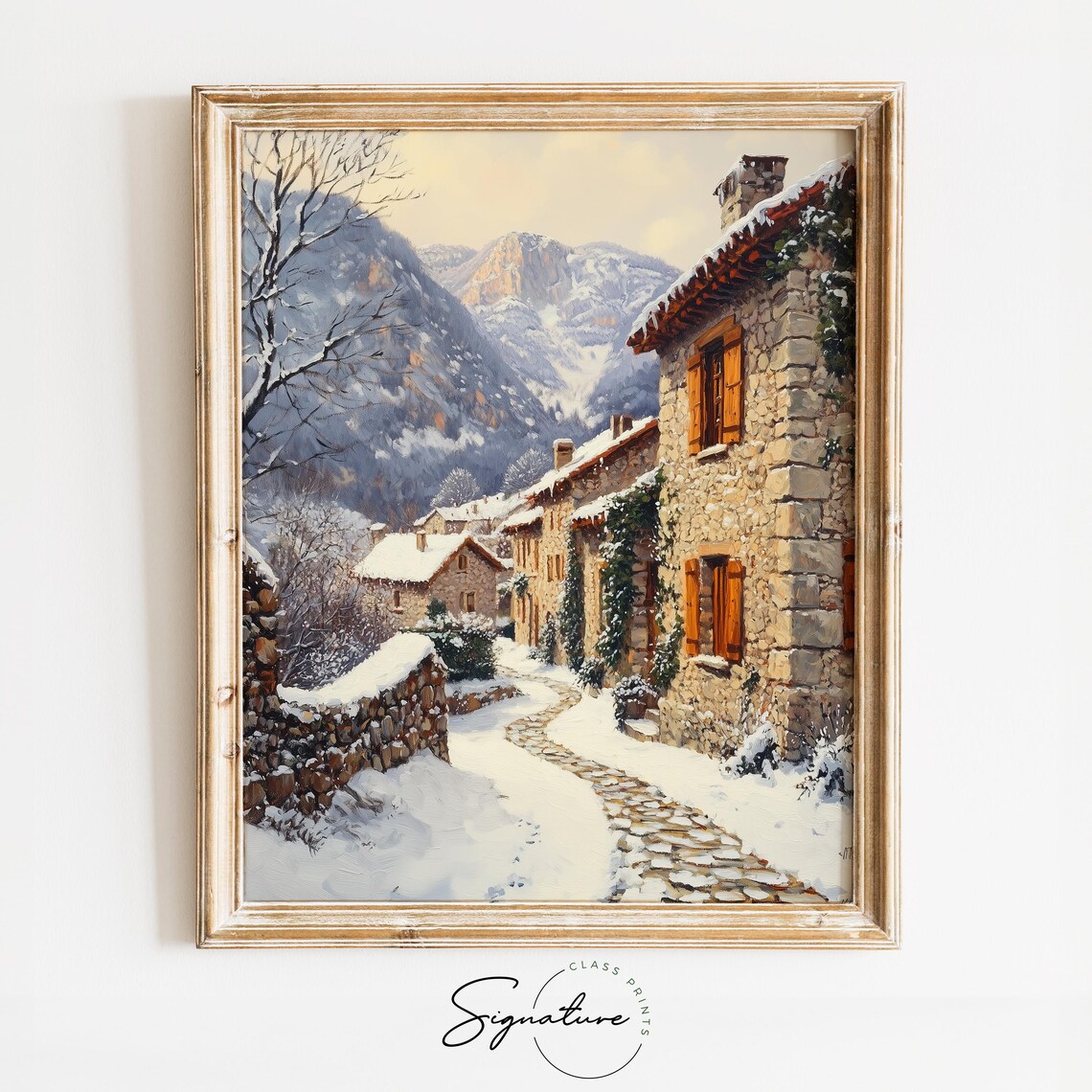 Alpine Stone Village Lane at Sunrise Snowy Mountain Scene Poster