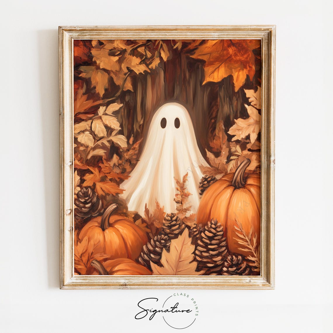 Cute Ghost Among Pumpkins And Fall Leaves Rustic Autumn Wall Art Earthy Halloween Decor Cottagecore Fall Print 1594