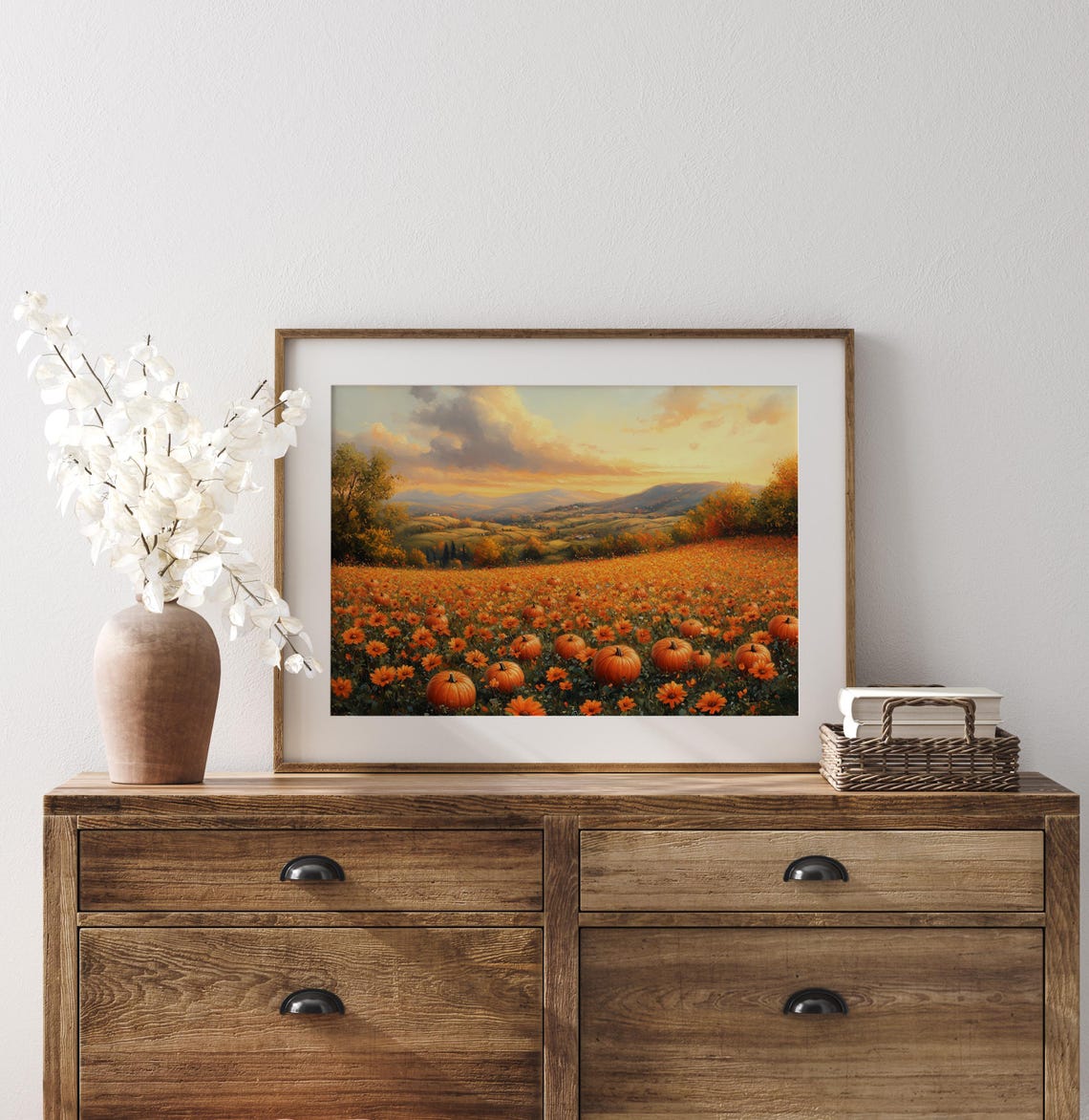 Pumpkin Patch Glowing at Sunset Over Rolling Autumn Hills Poster - Image 3