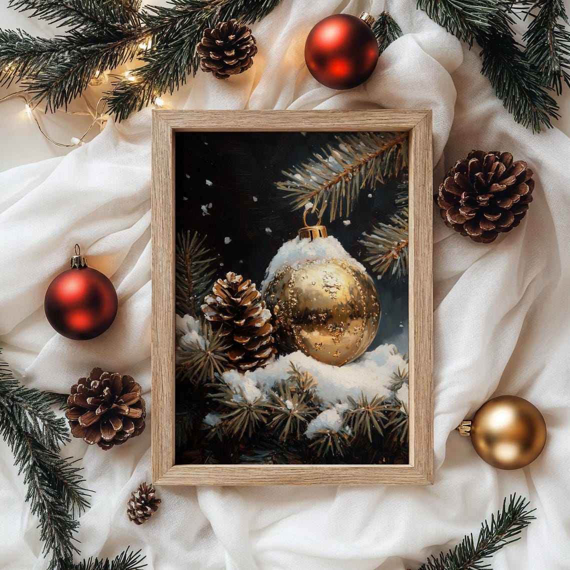 Gold Ornament Hanging From Snowy Branch Pinecone Still Life Poster - Image 2