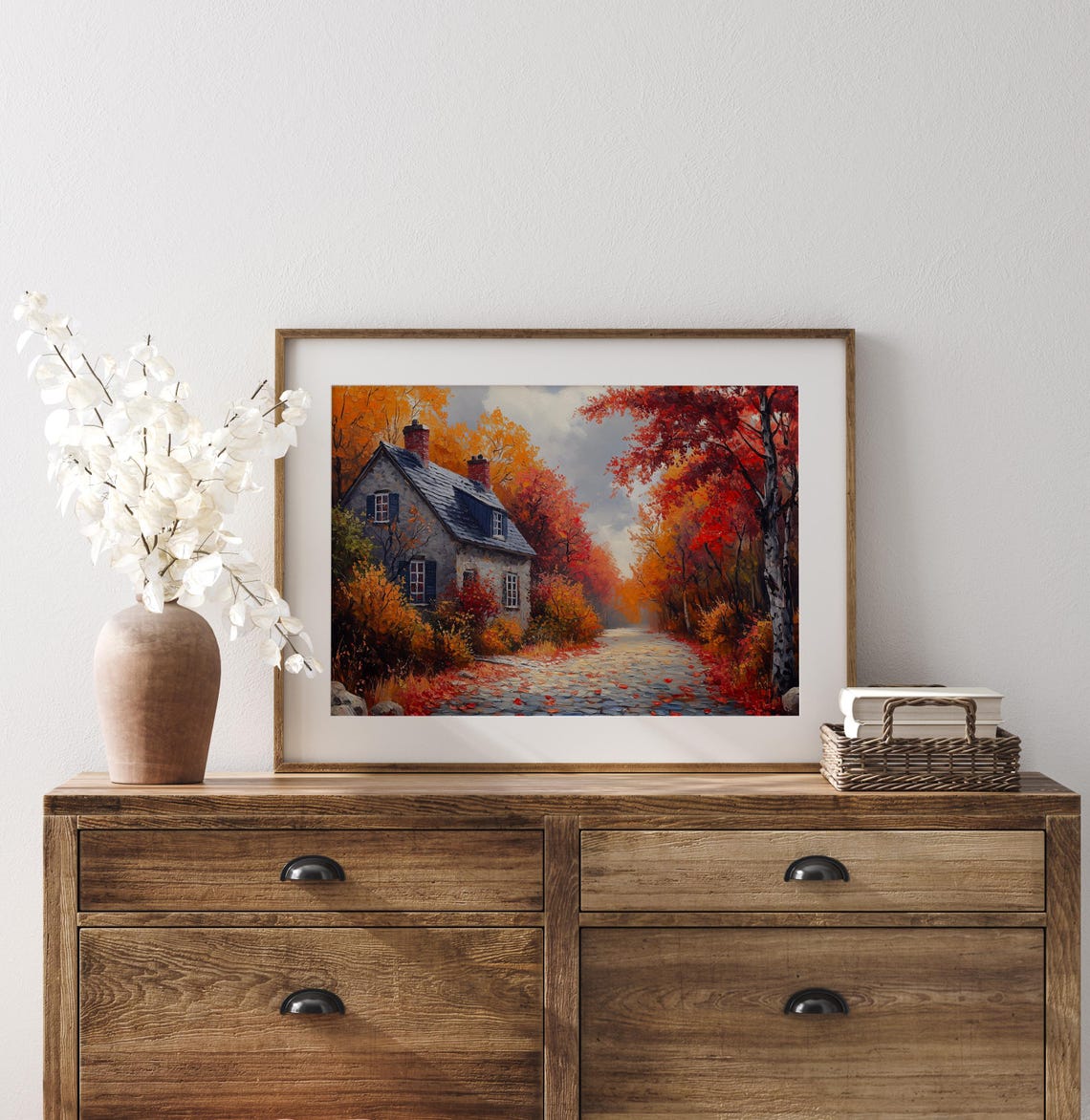 Autumn Stone Cottage Cobblestone Lane Red Maple Trees Fall Wall Art - Image 3