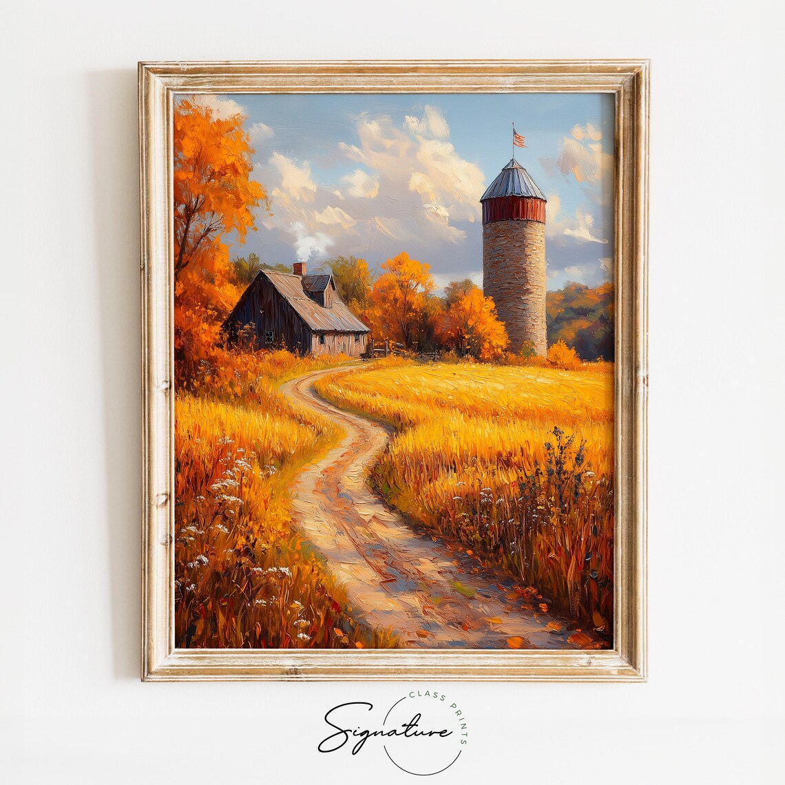 Historic Farm With American Flag Flying Above Silo in Golden Wheat Wall Art