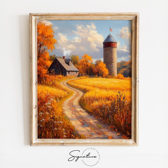 Historic Farm With American Flag Flying Above Silo in Golden Wheat Wall Art