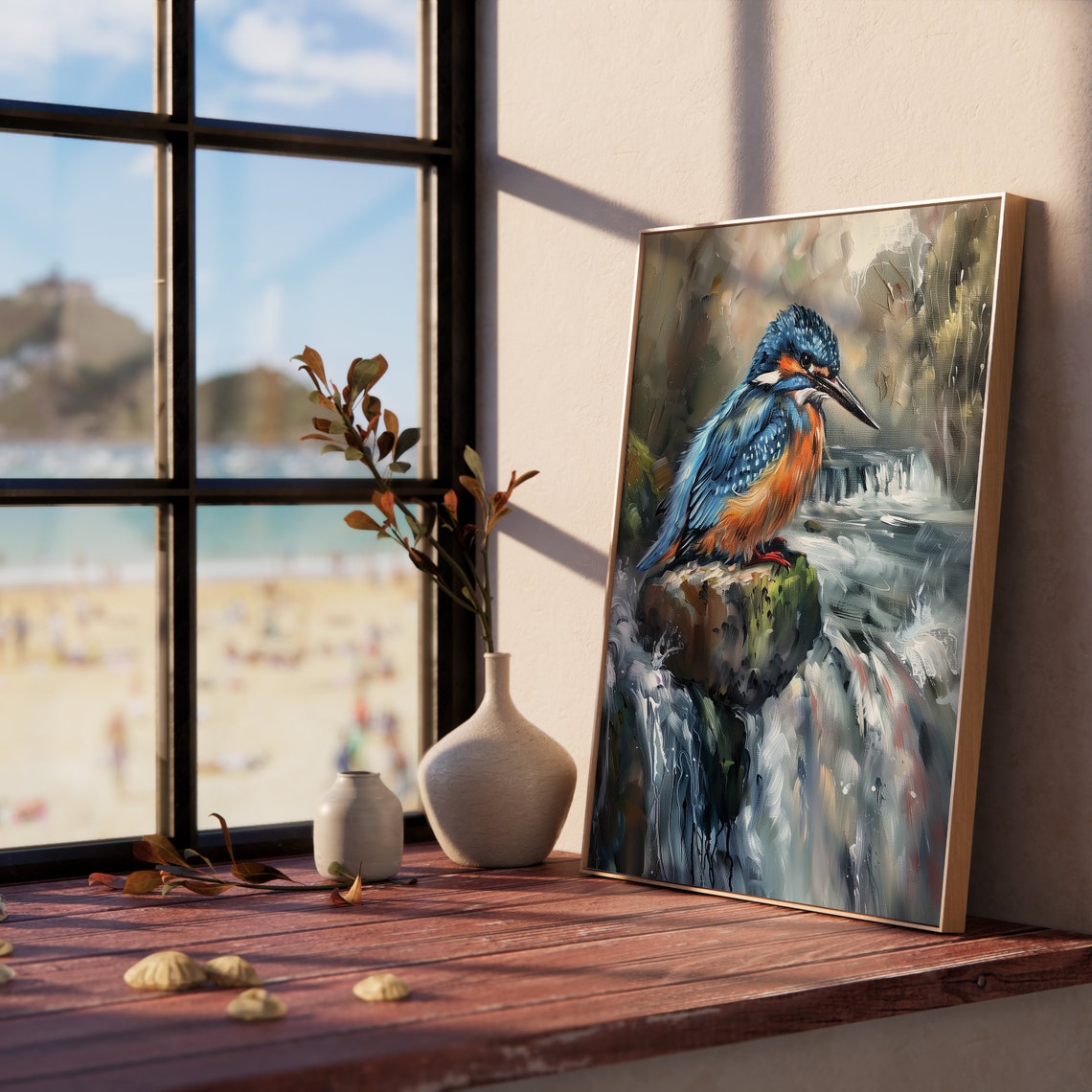 Kingfisher Perched By Waterfall Vivid Blue Bird Painting Poster - Image 5