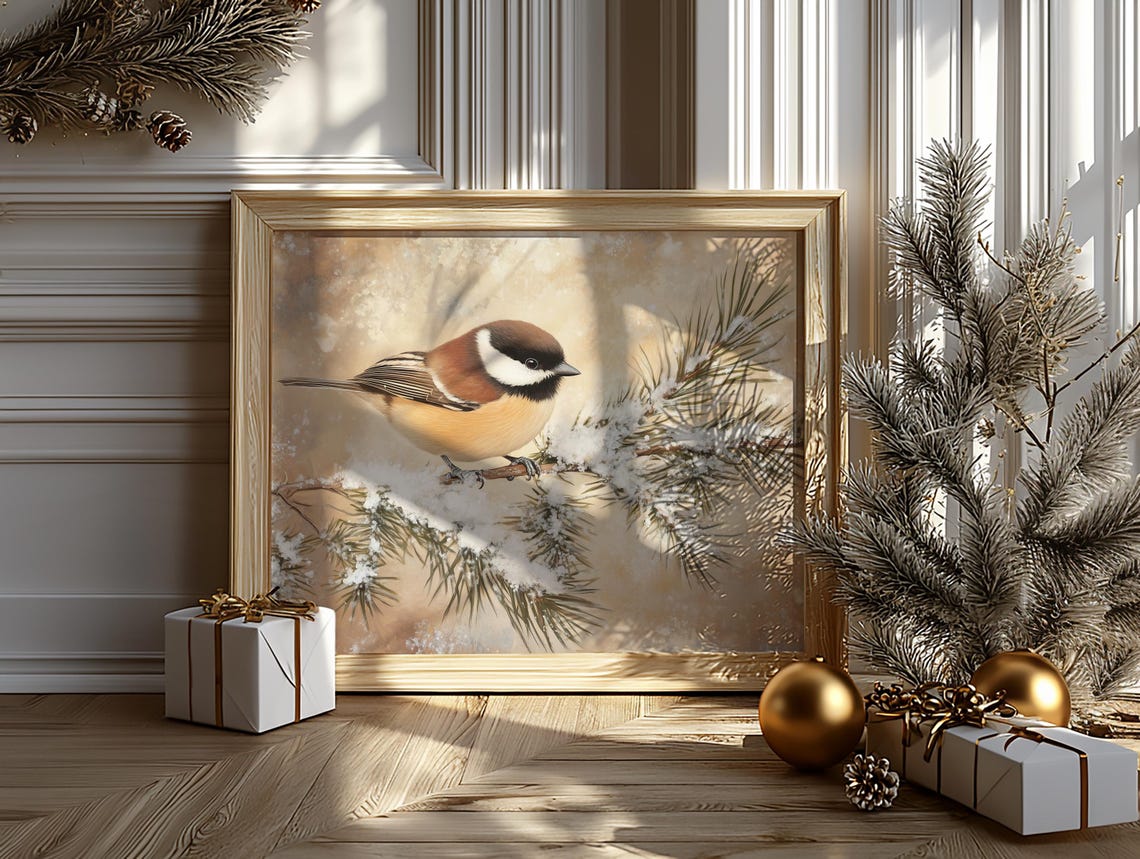 Chickadee Perched on a Snowy Pine Branch Vintage Winter Poster - Image 6