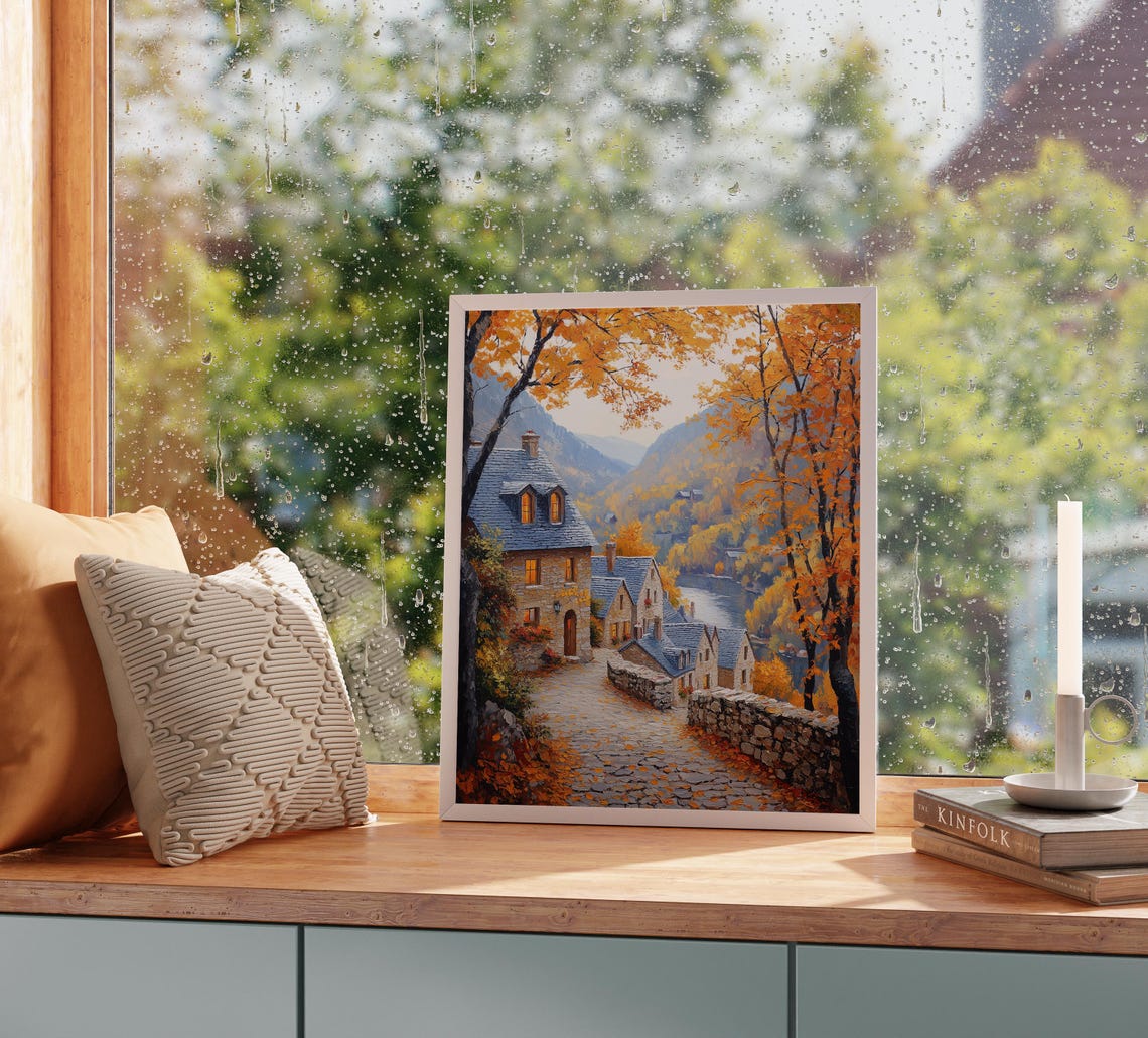 Autumn Riverside Village Evening Lights Stone Cottages River Poster - Image 2
