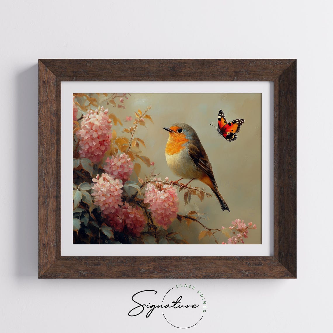 Robin On Pink Blossom Branch With Red Butterfly Charming Wall Art - Image 5