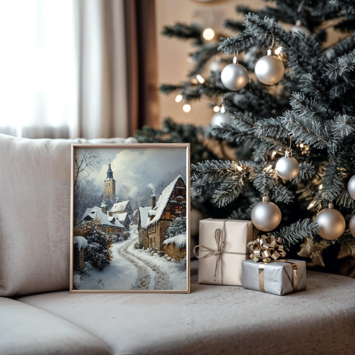Cobblestone Winter Village Lane With Church Christmas Poster - Image 5