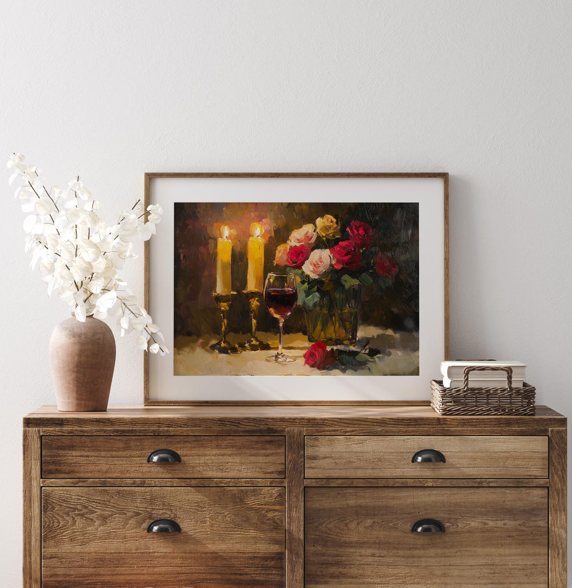 Candlelit Still Life Wine Glass Roses Warm Golden Oil Painting Poster - Image 3