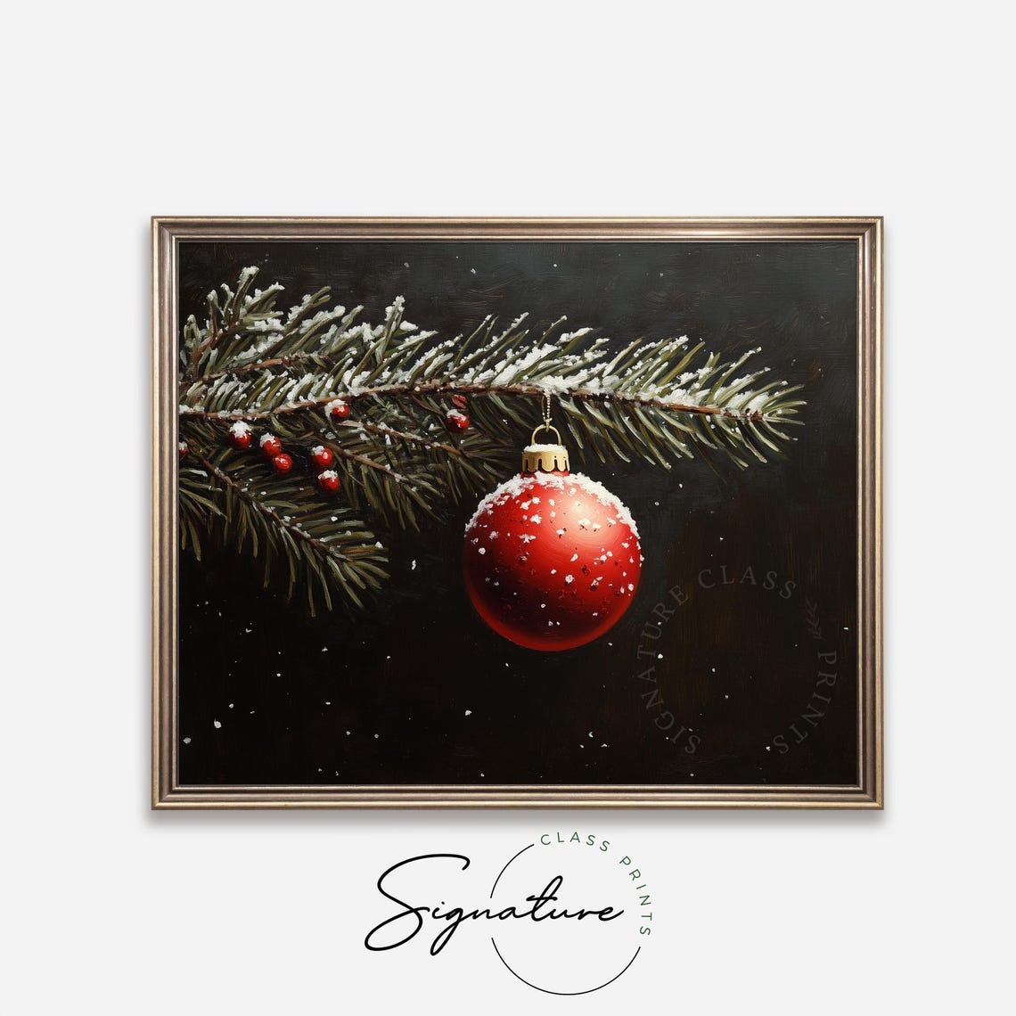 Red Christmas Ornament On Snowy Evergreen Branch Dark Style Poster - Image 4