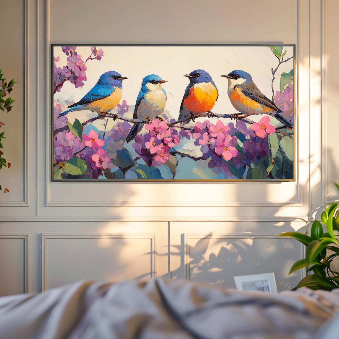 Four Warblers On Blossoming Branch Spring Bird Frame Art Print - Image 4