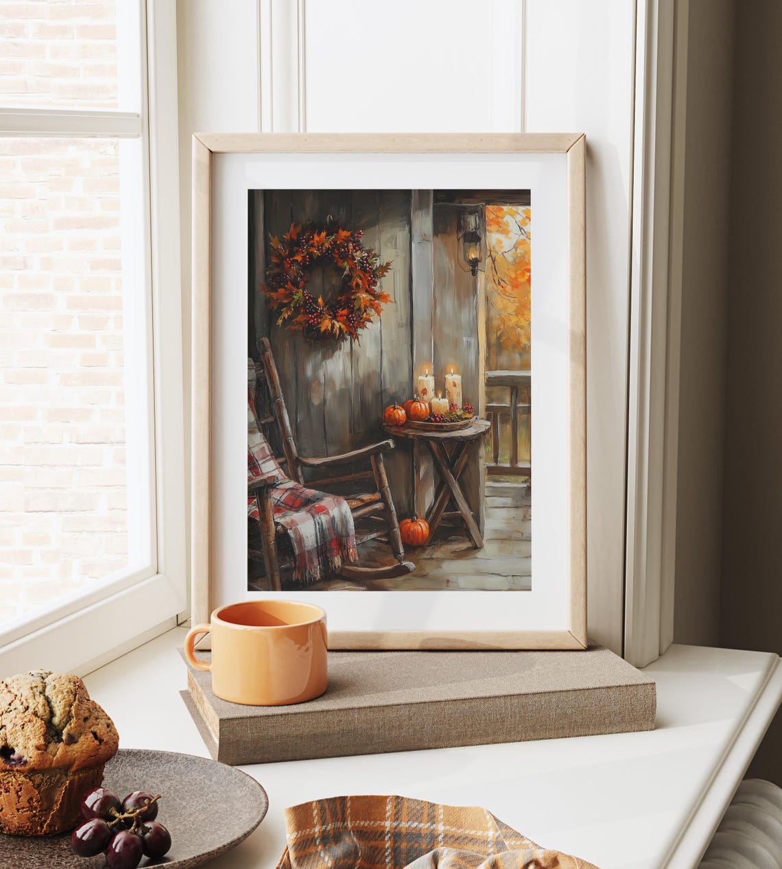 Cozy Fall Porch Rocking Chair Plaid Blanket Wreath Candles Poster - Image 6
