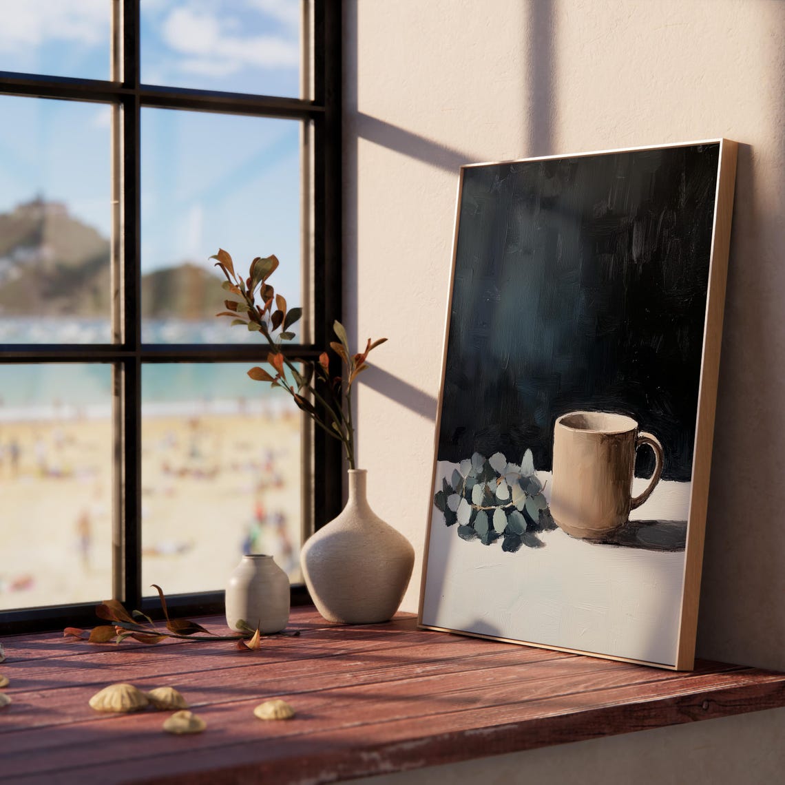 Moody Coffee Cup With Eucalyptus Rustic Still Life Art Poster - Image 5