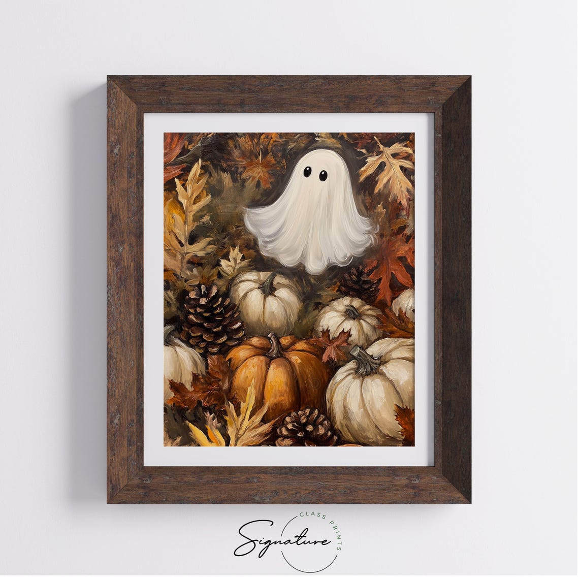 Happy Ghost Surrounded by Pumpkins Pinecones and Fall Leaves Poster - Image 4
