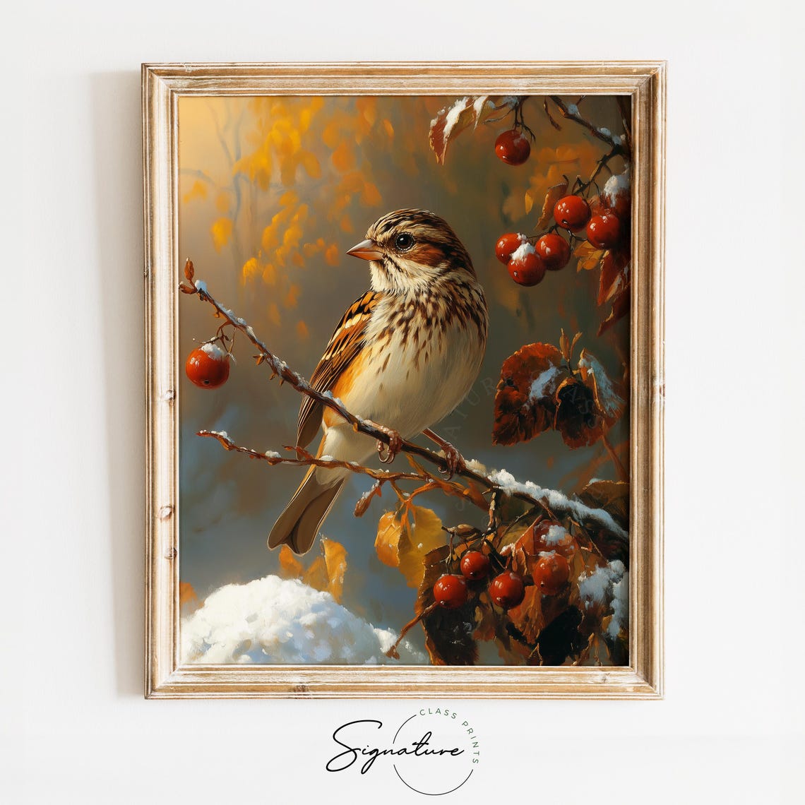 Sparrow on a Snowy Berry Branch With Golden Autumn Leaves Poster