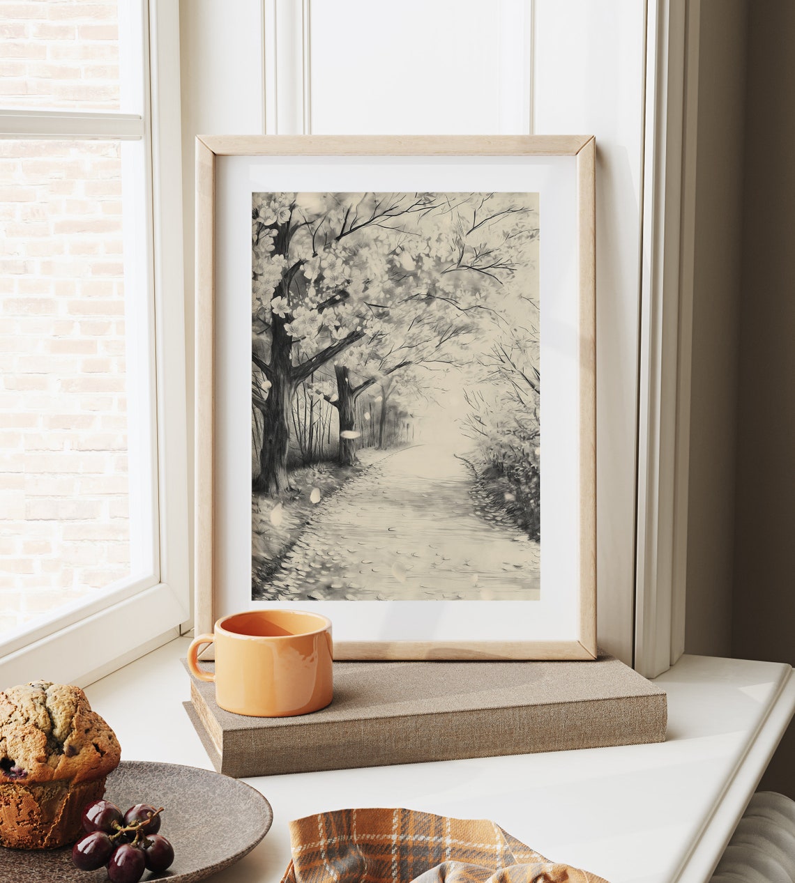 Cherry Blossom Path In Spring Monochrome Watercolor Art Poster - Image 6