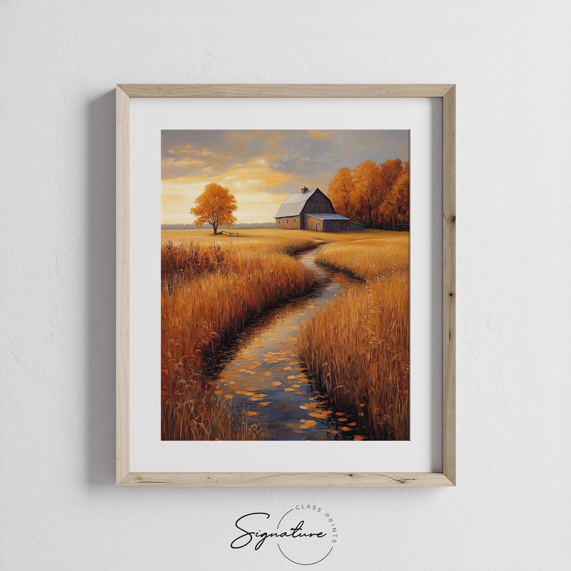 Gray Wooden Barn Beside Winding Stream Through Wheat at Sunset Wall Art - Image 3