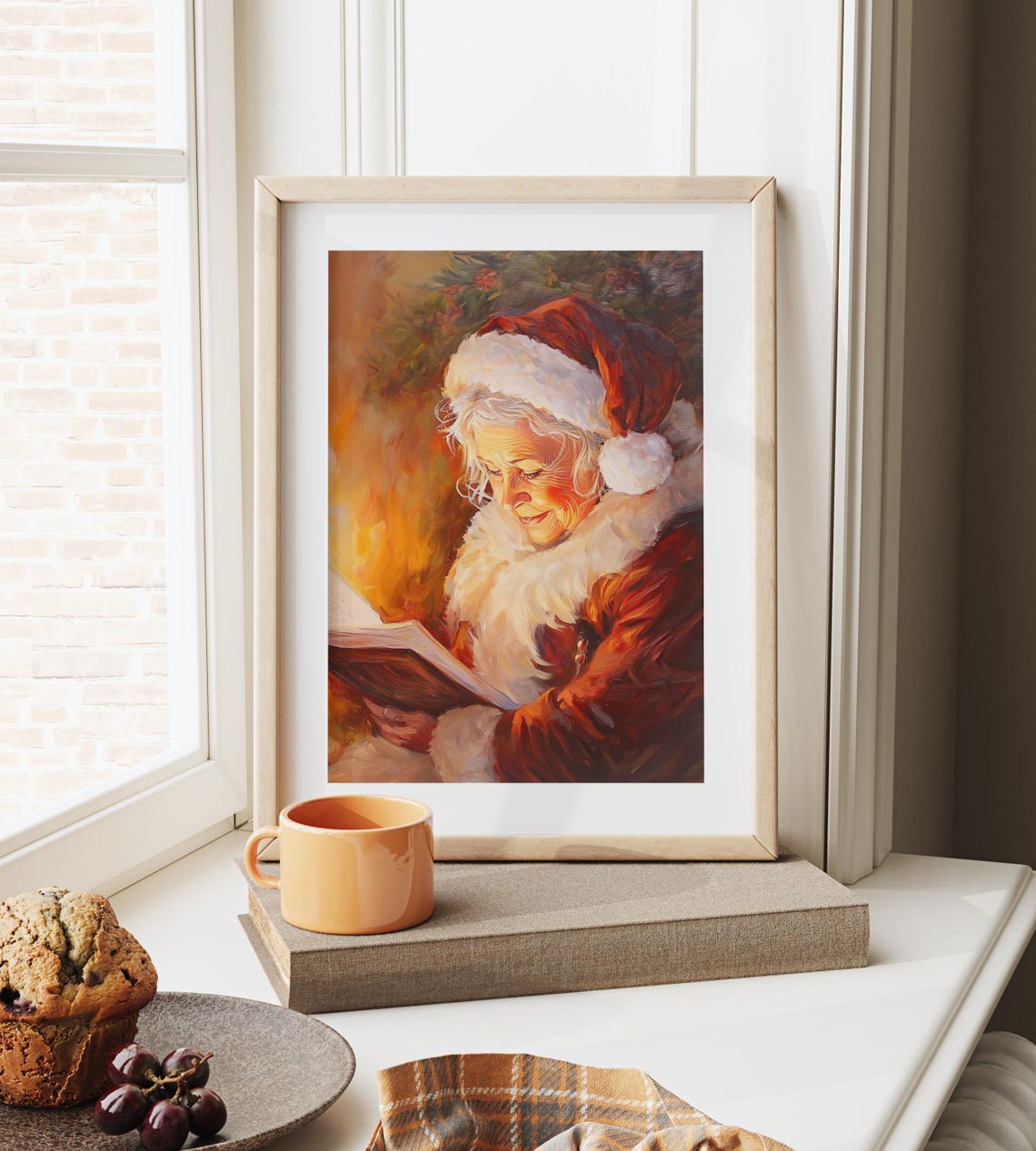 Mrs Claus Reading By The Fireplace Cozy Christmas Painting Poster - Image 2