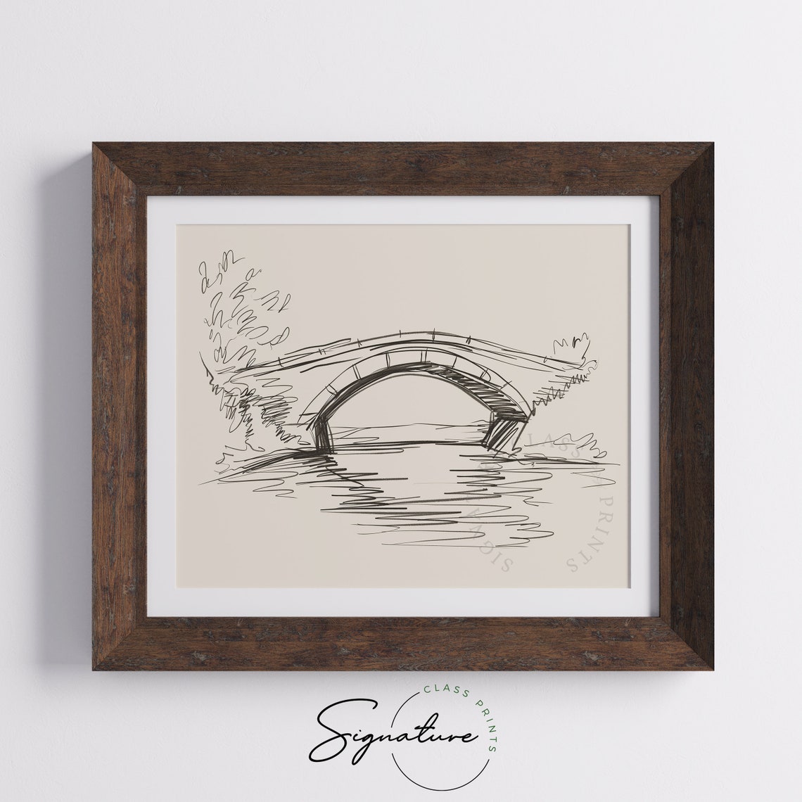 Stone Bridge Over Calm River Quick Ink Sketch Rural Poster Art - Image 5