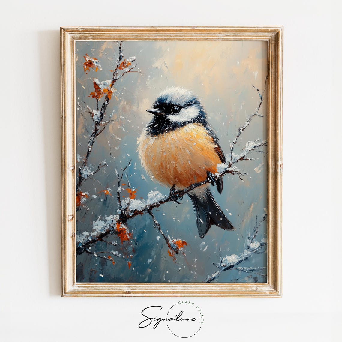 Chickadee on Snowy Branch with Red Berries Winter Oil Painting Print