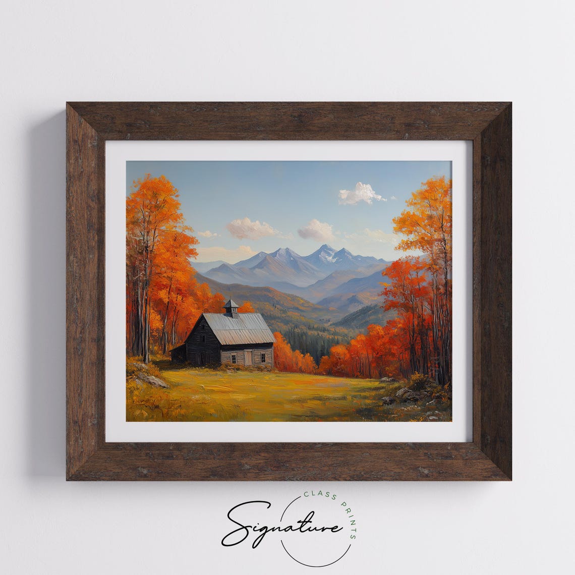 Rustic Barn With Cupola Autumn Trees Snowcapped Mountain Peaks Print - Image 5