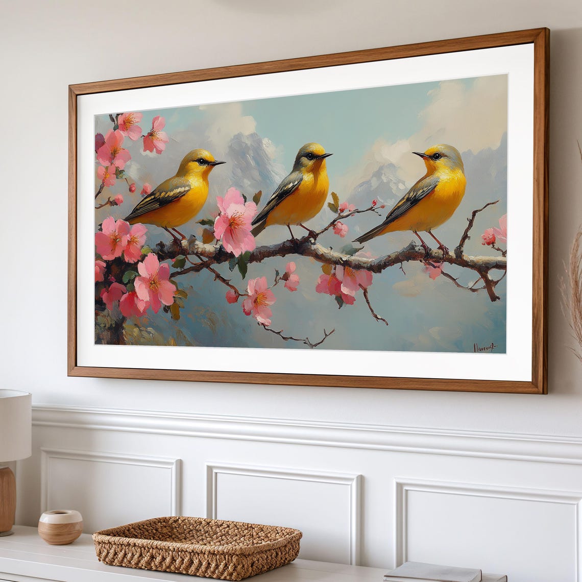 Three Golden Finches On Pink Blossom Branch Spring Art Poster - Image 2