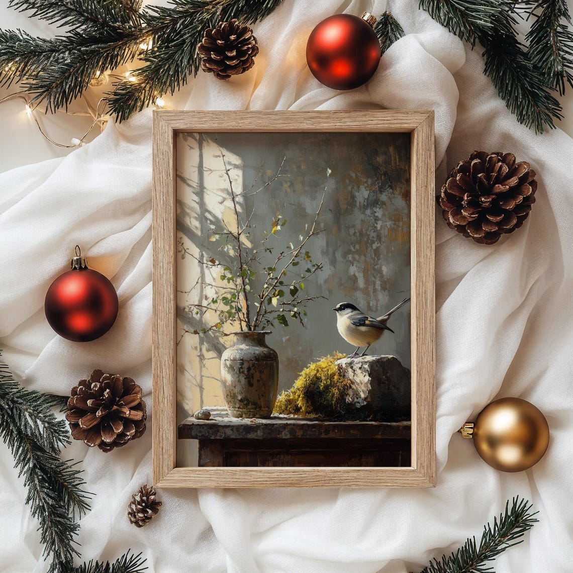 Small Winter Bird on a Mossy Rock With Rustic Vase Still Life Poster - Image 4