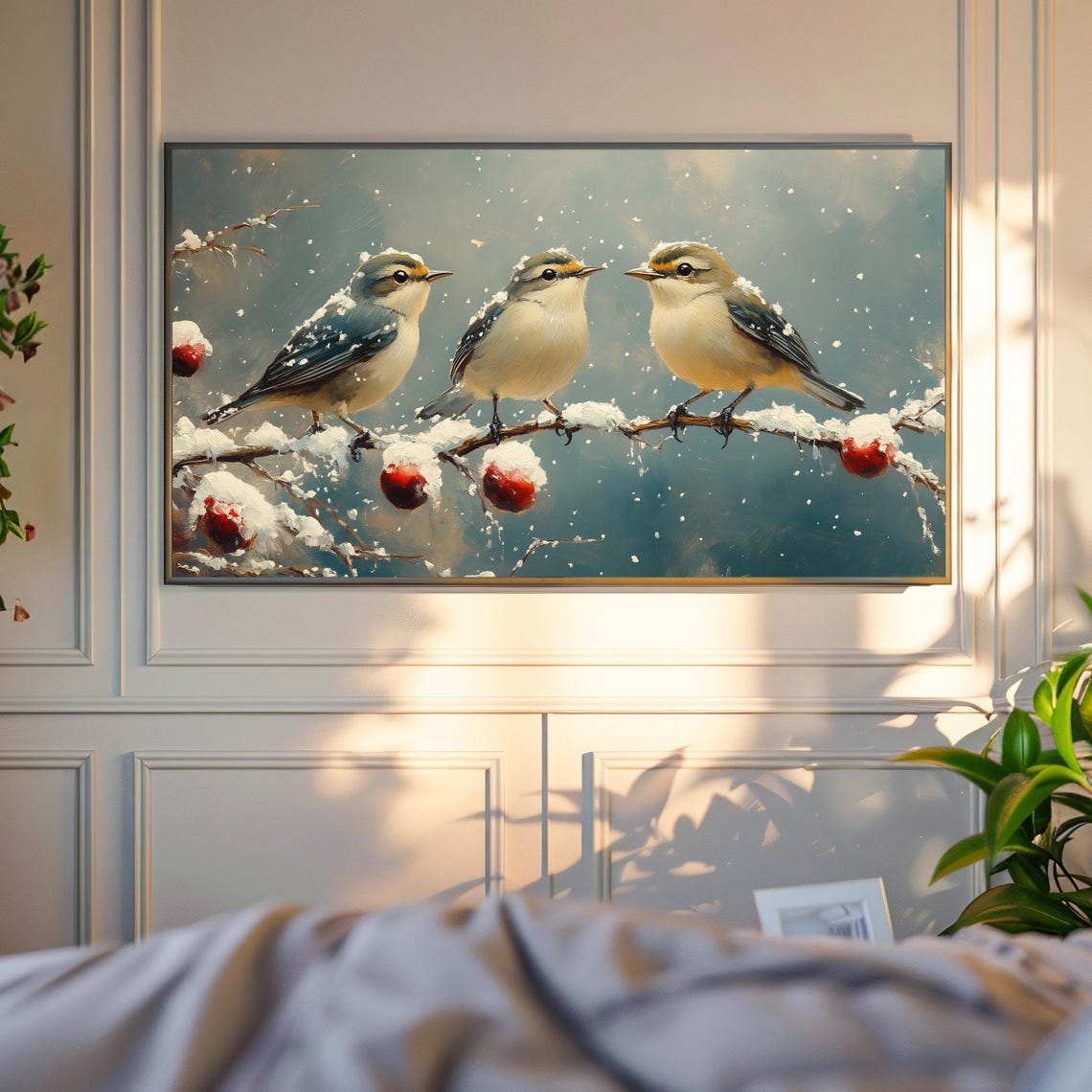 Three Tiny Songbirds Snowy Branch Red Berries Winter Art Poster - Image 4