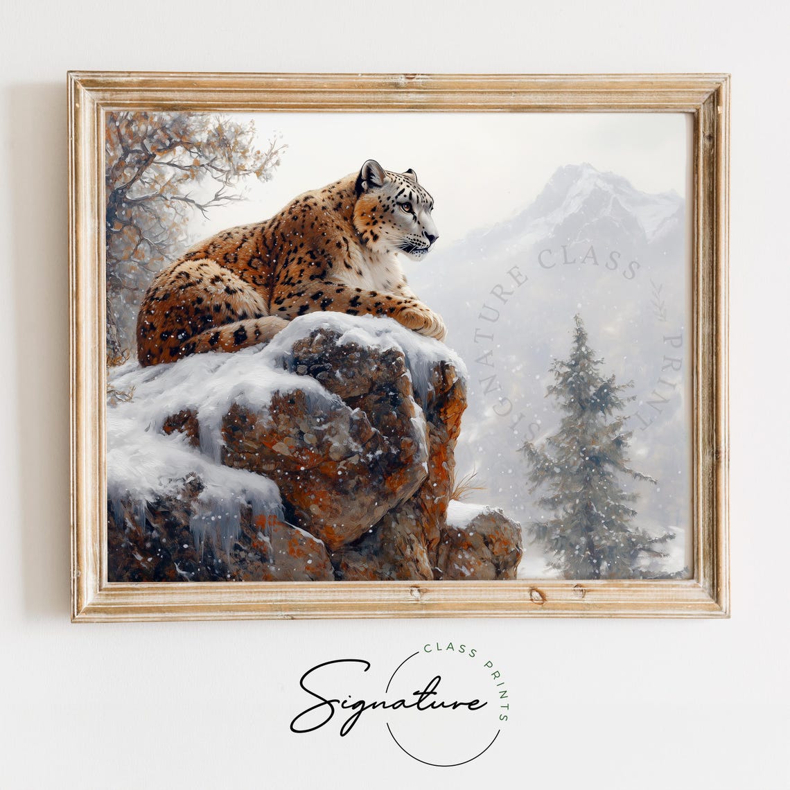 Snow Leopard Resting On A Snowy Cliff With Mountain View Art Poster