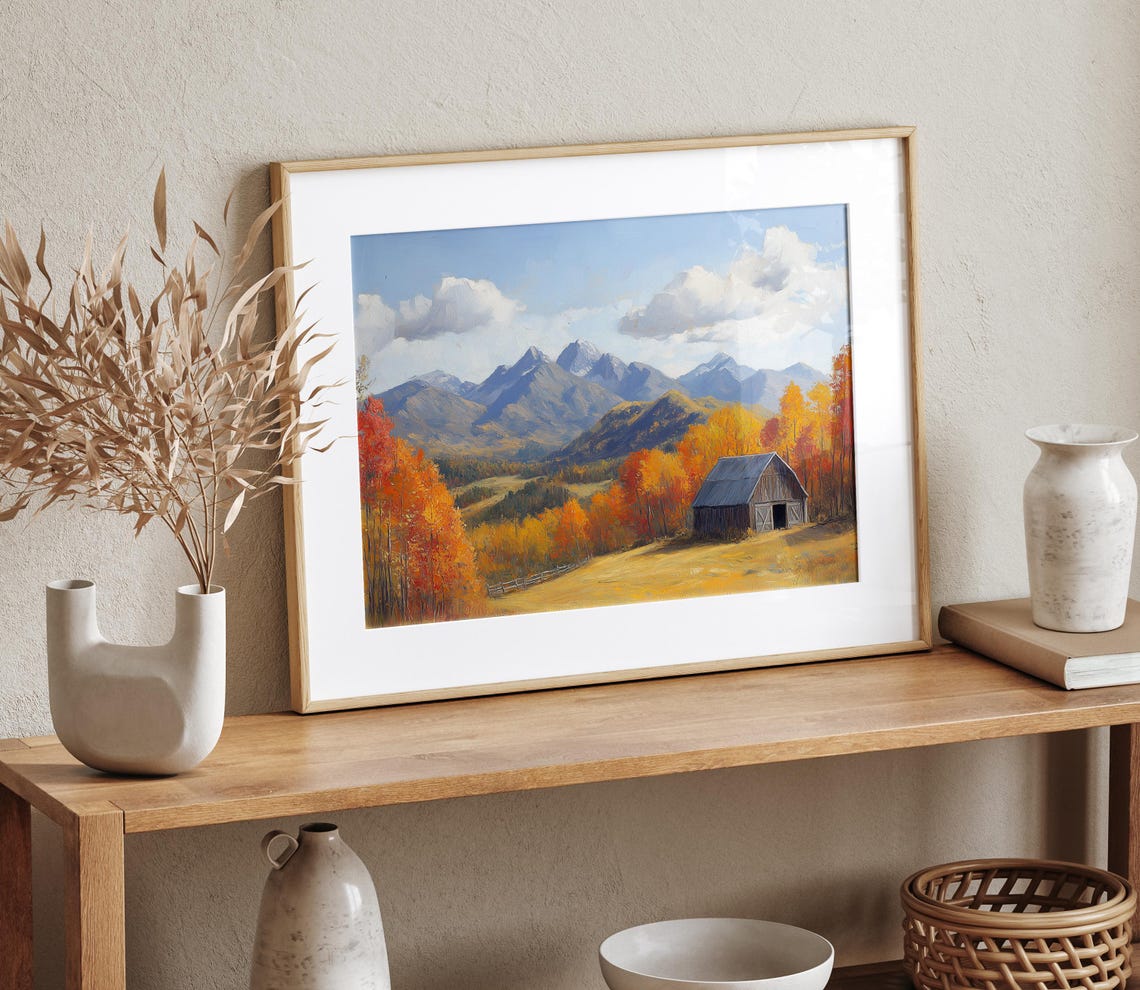 Rustic Wooden Barn Fall Foliage Mountain Panorama Painting Print - Image 4