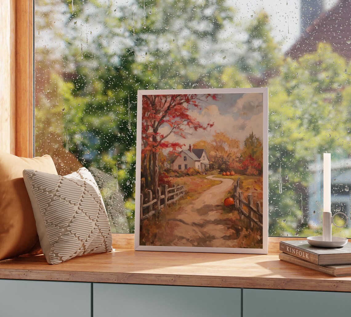 Autumn Country Lane with Farmhouse Split Fences and Pumpkins Poster - Image 2