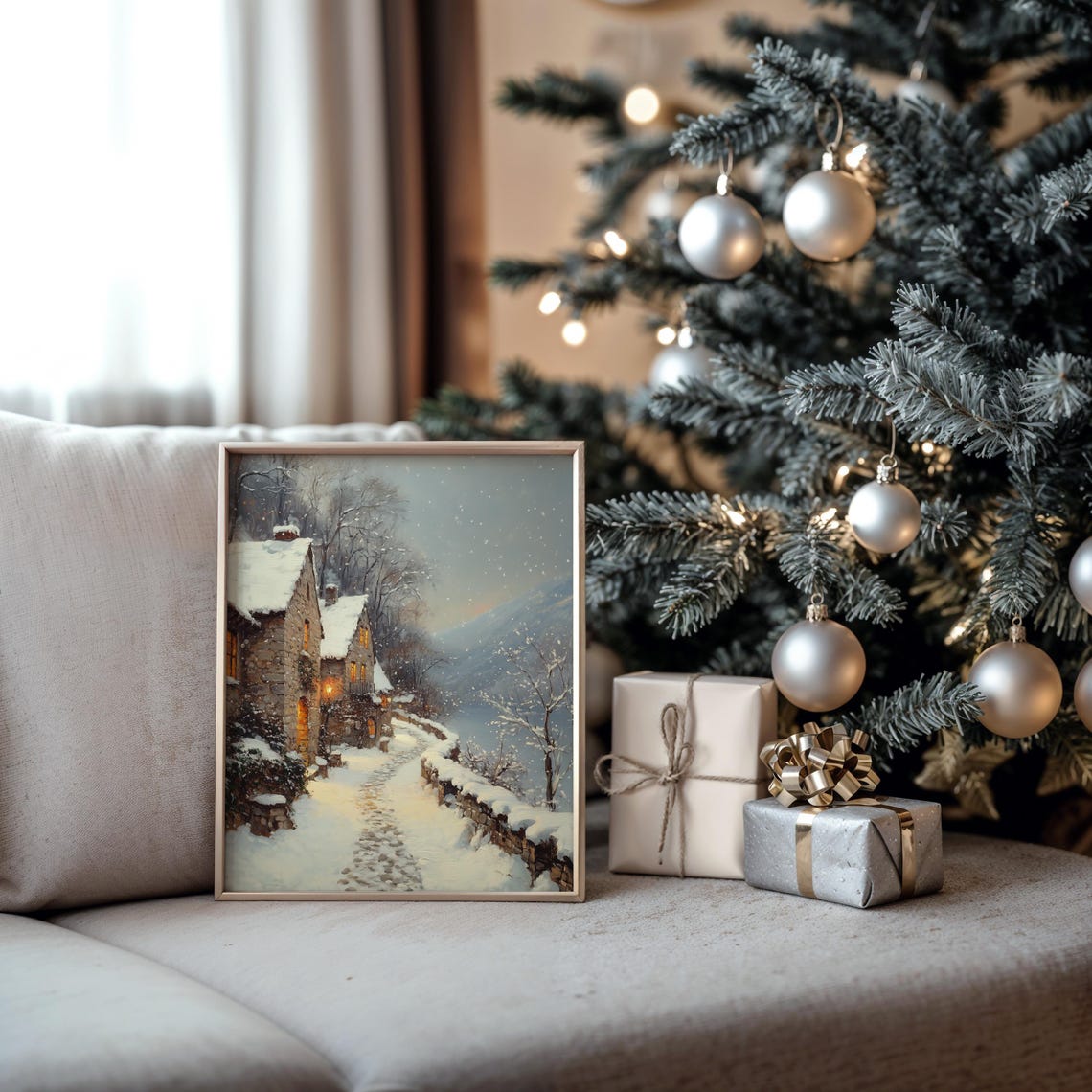 Snowy Cobblestone Lane by the Lake Winter Village Scene Poster - Image 5
