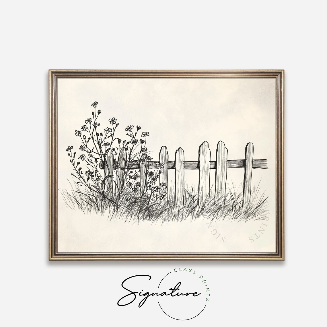 Wildflowers by a Wooden Picket Fence Pencil Sketch Botanical Poster - Image 4