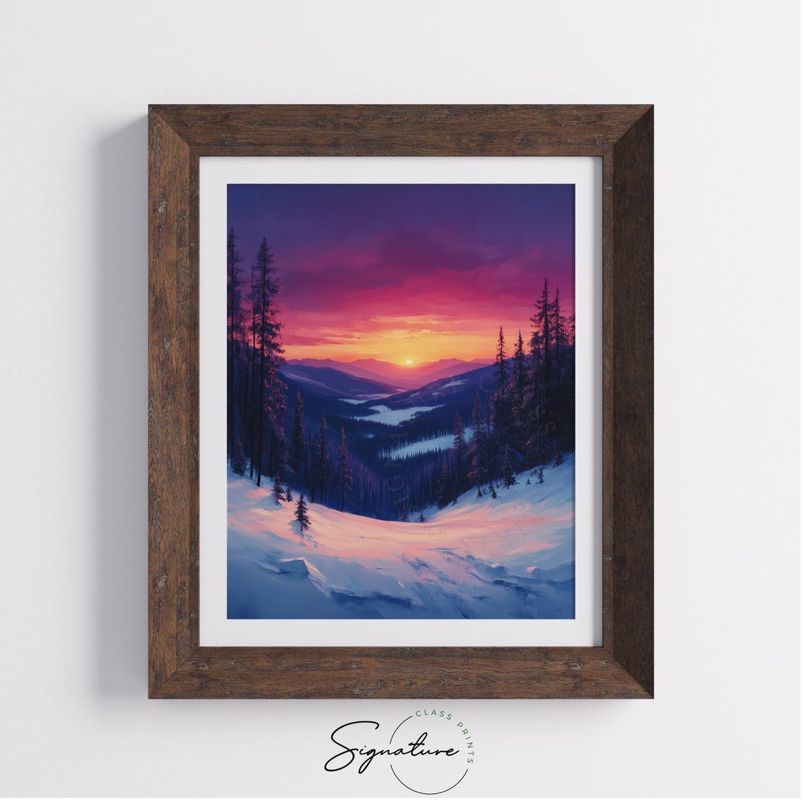 Magenta Sunset Over Snowy Valley Tall Pines Oil Painting Style Poster - Image 2