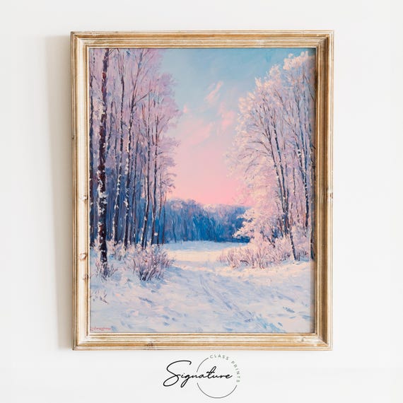 Snowy Forest Clearing At Dawn Frost Covered Winter Landscape Moody Christmas Scene Rustic Cottagecore Wall Art Decor 2093