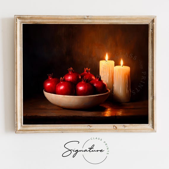 Warm Glow Of Pomegranates With Candlelight Rustic Winter Holiday Wall Art Moody Farmhouse Christmas Kitchen Decor 2716