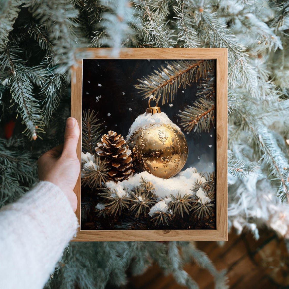 Gold Ornament Hanging From Snowy Branch Pinecone Still Life Poster - Image 6