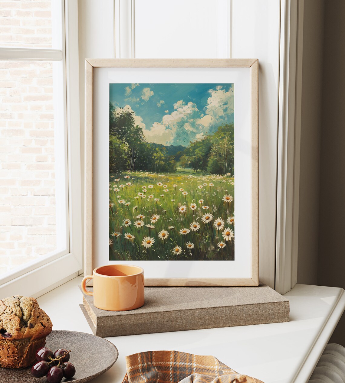 Spring Daisy Meadow White Blooms Blue Sky Sunny Floral Field Oil Poster - Image 6
