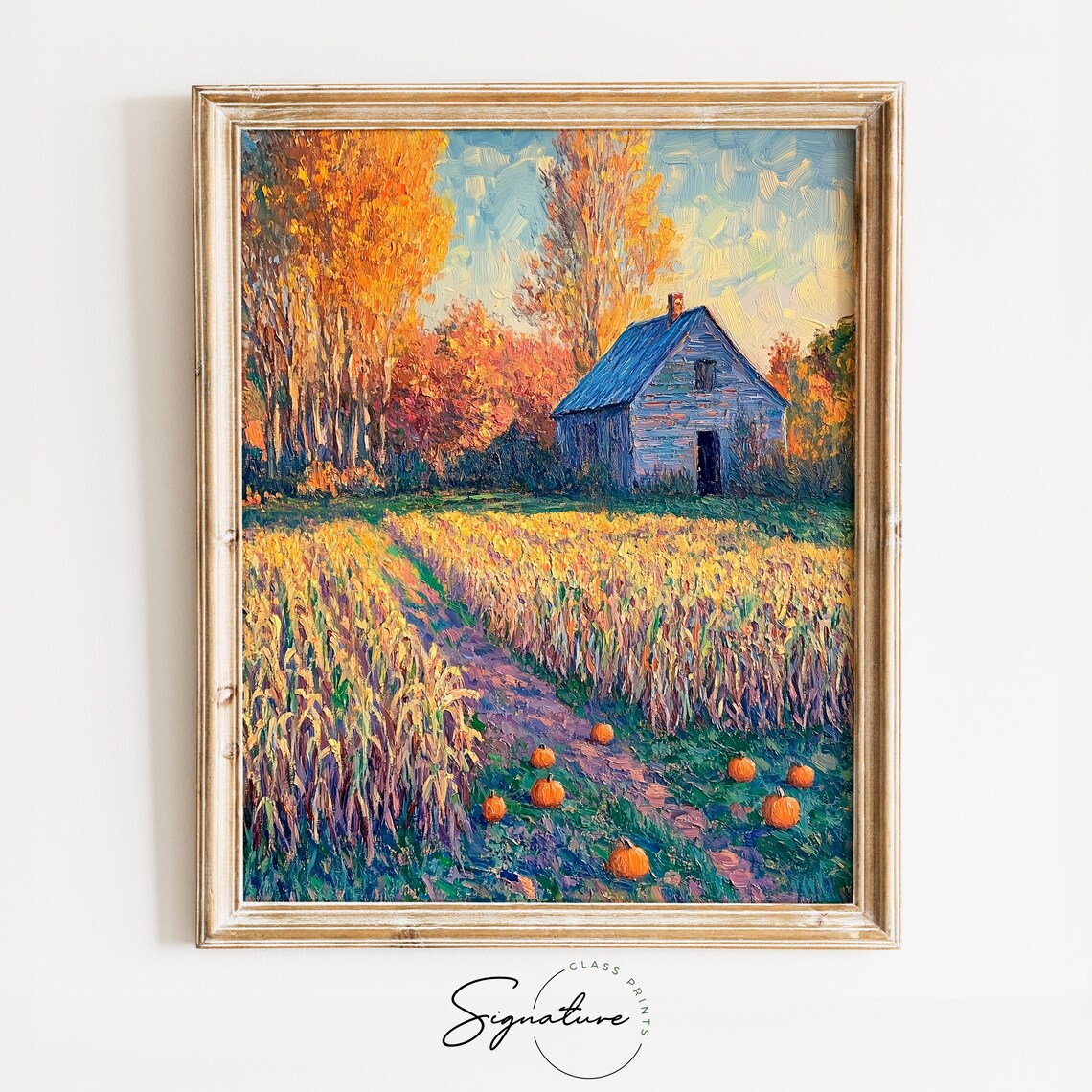 Weathered Barn in a Golden Wheat Field Dotted With Fall Pumpkins Poster