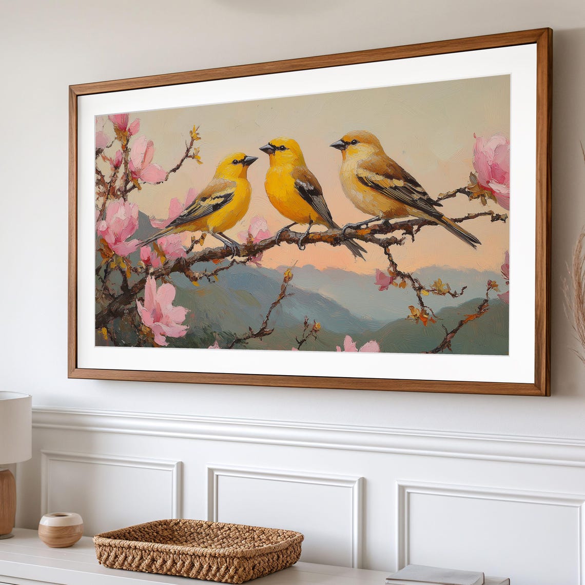 Goldfinches On Cherry Blossom Branch Glowing Mountain Sunset Poster - Image 2