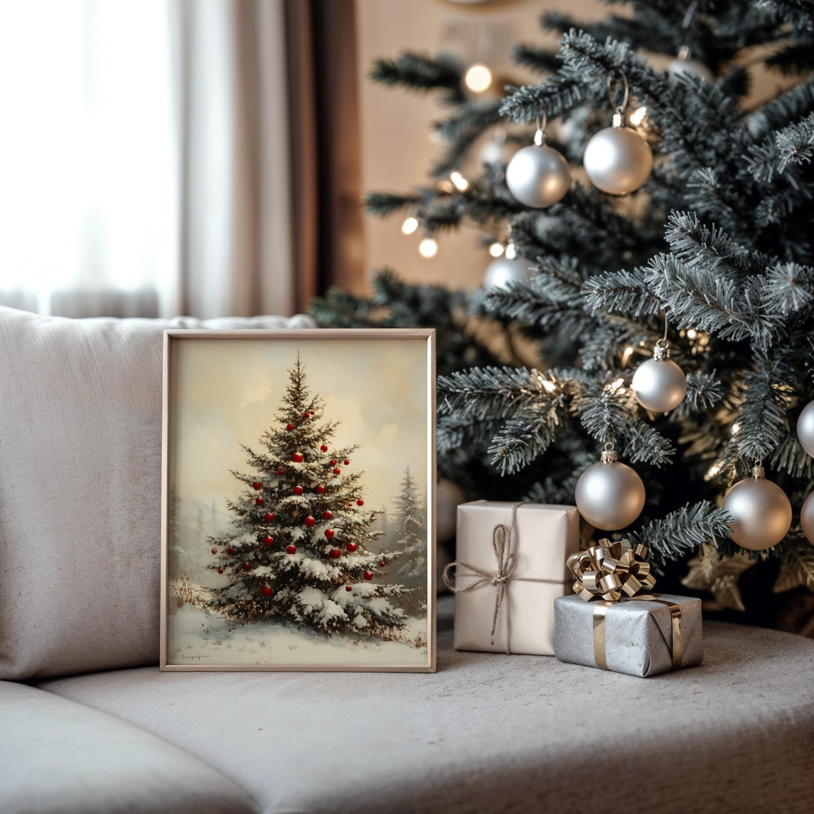 Snow Covered Fir Tree With Red Ornaments Winter Scene Poster - Image 5