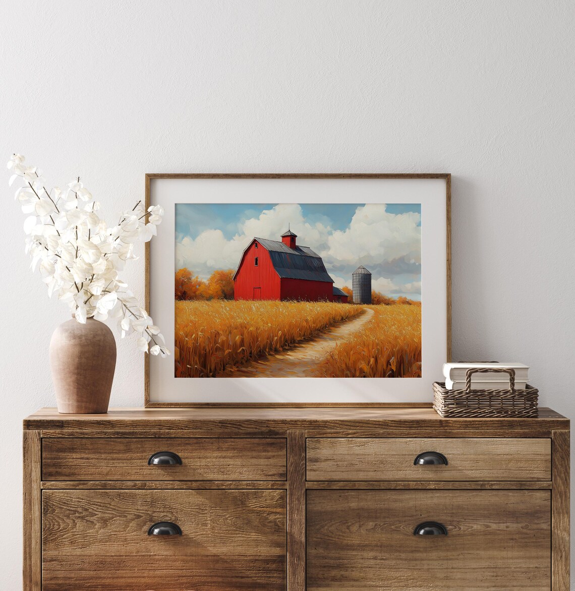 Red Barn Silo Dirt Road Golden Field Oil Painting Farm Poster - Image 3