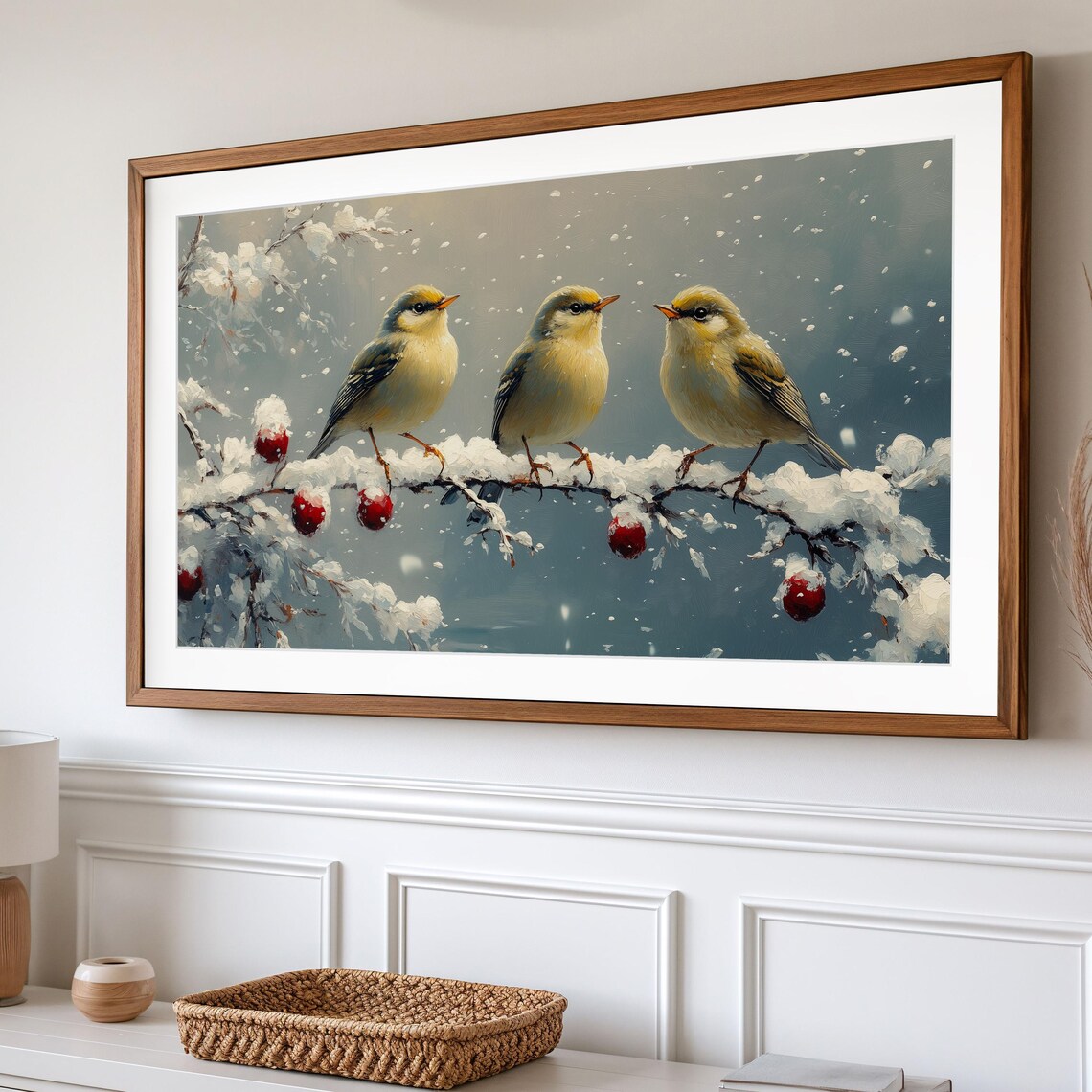 Goldcrest Trio On Snowy Berry Branch In Gentle Falling Snow Winter Art Poster - Image 2