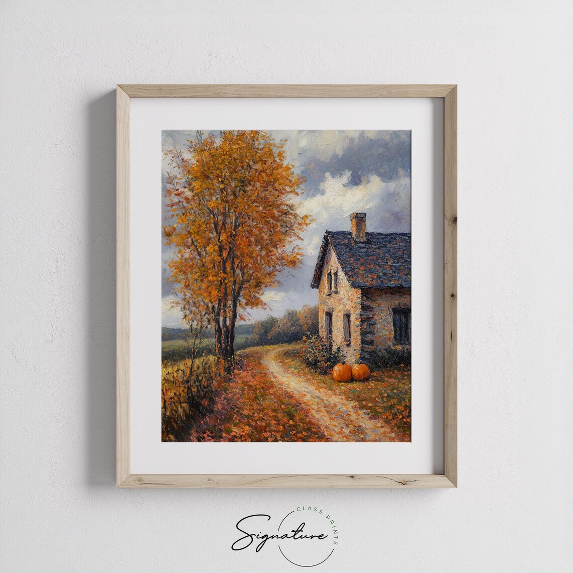Old Stone Cottage With Two Pumpkins Beside a Leaf Covered Fall Lane Poster - Image 3
