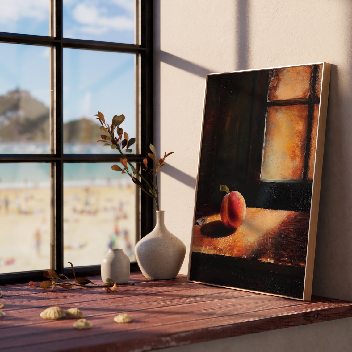 Single Peach By Sunlit Window Rustic Kitchen Still Life Poster - Image 5