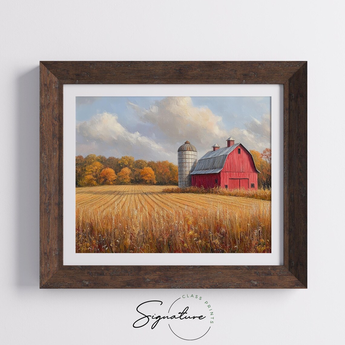Classic Red Barn Silo Golden Wheat Field Autumn Fall Trees Print - Image 5
