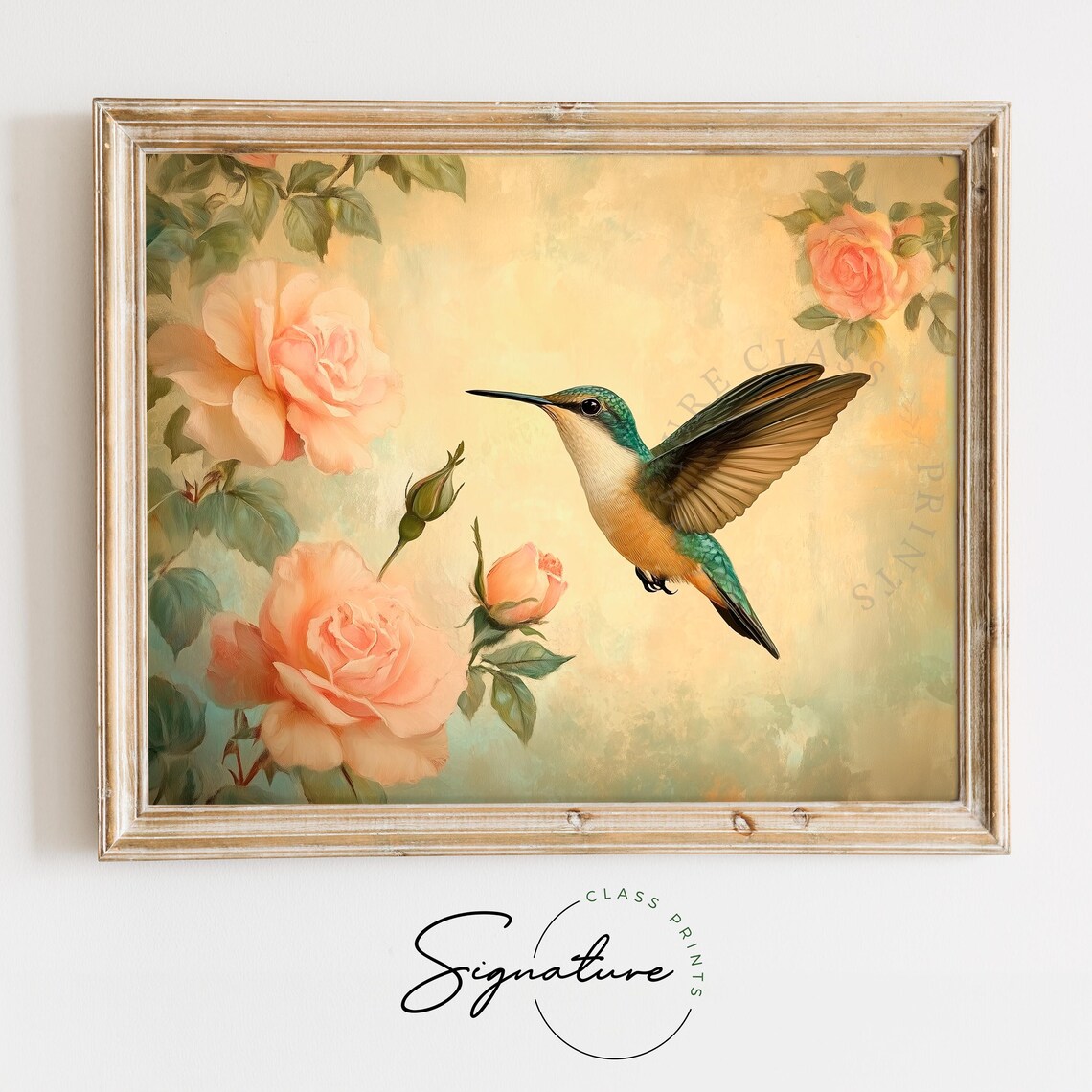 Hummingbird Among Peach Roses Vintage Floral Bird Art Poster