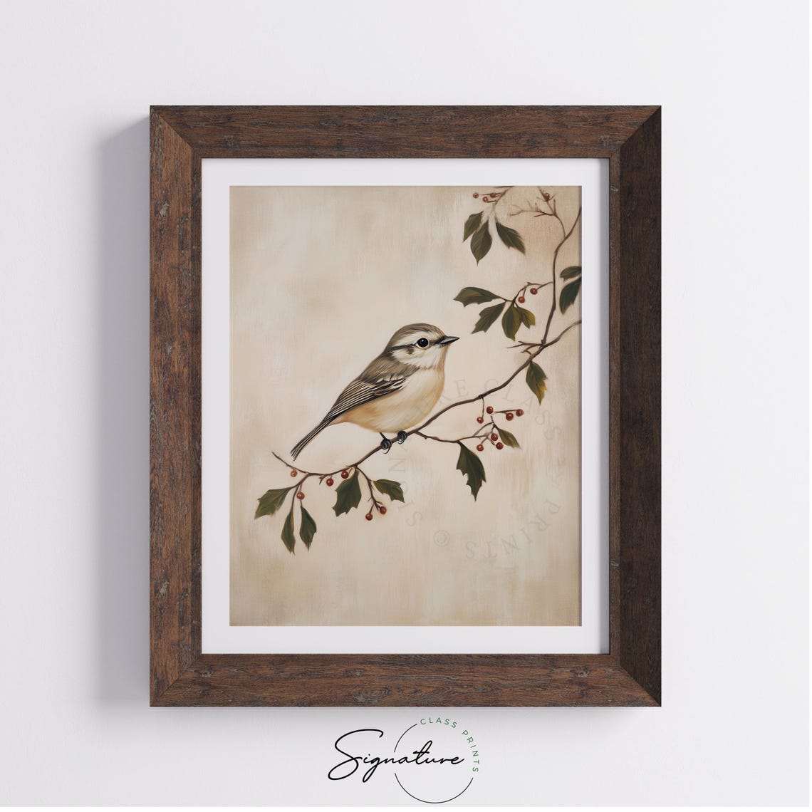 Little Winter Bird on Mistletoe Branch with Red Berries Poster - Image 3