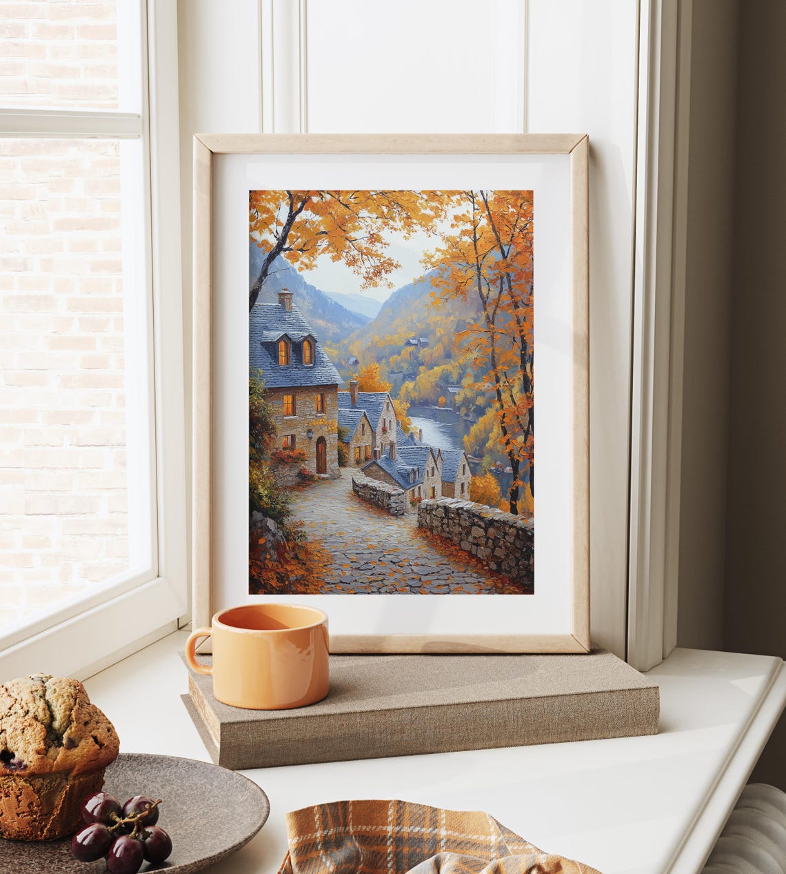 Autumn Riverside Village Evening Lights Stone Cottages River Poster - Image 6