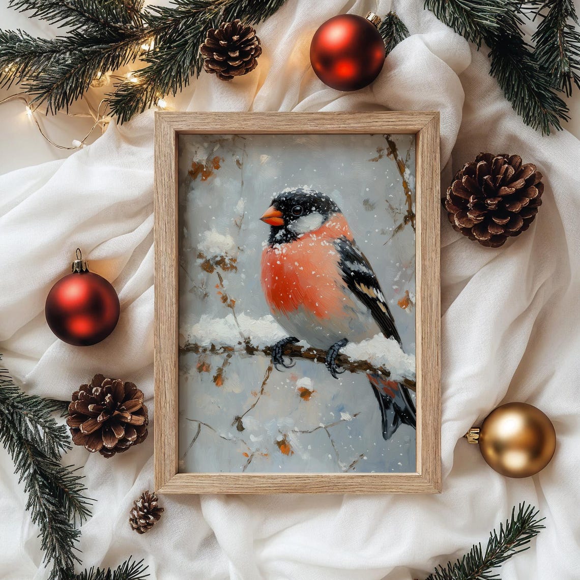 Bullfinch Perched On A Snow Dusted Branch Winter Bird Art Poster - Image 4